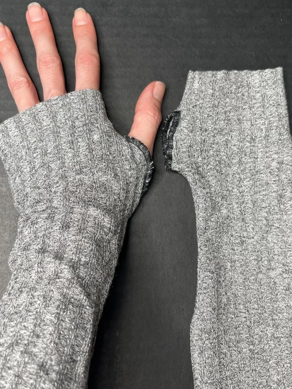 Sweater Fingerless Gloves Gray Knit Arm Warmers Over the Elbow Ribbed Soft Light